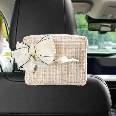 Blue Rain Car Tissue Box, Small Fragrant Style Car Tissue Box, Simple and Cute Bowknot Car Seat Back Tissue Box for Women (Car tissue box/set) - chanel-style-tissue-box-with-milk-tea-color-bow