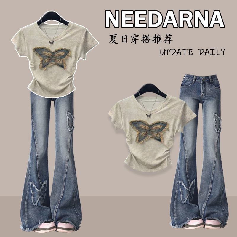 Denim suit# V-neck pleated T-shirt butterfly stitching top with American style vintage butterfly embroidered micro-pants