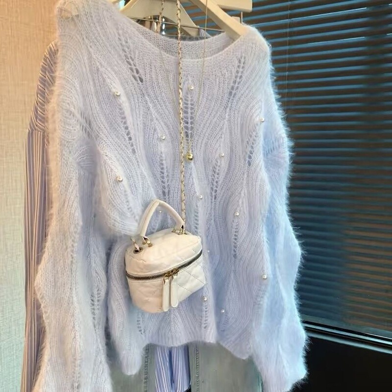 Soft and cozy beaded blue sweater for women, new spring design with hollow-out knit, offering a relaxed and casual feel Soft and cozy beaded blue sweater for women, new spring design with hollow-out knit, offering a relaxed and casual feel