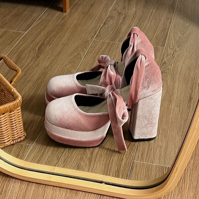 French Retro Palace Style Pink Chunky Heel Platform Shoes 2024 Internet Celebrity Style Pure Desire Style Height-Increasing Mary Jane Shoes