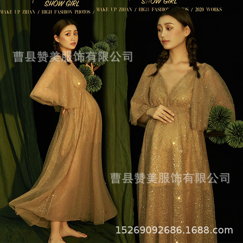 Photo Studio Internet Celebrity New Vintage Sequin Fairy-Like Wedding Dress Maternity Art Photo Shoot Pregnant Mommy Photo Studio Clothing