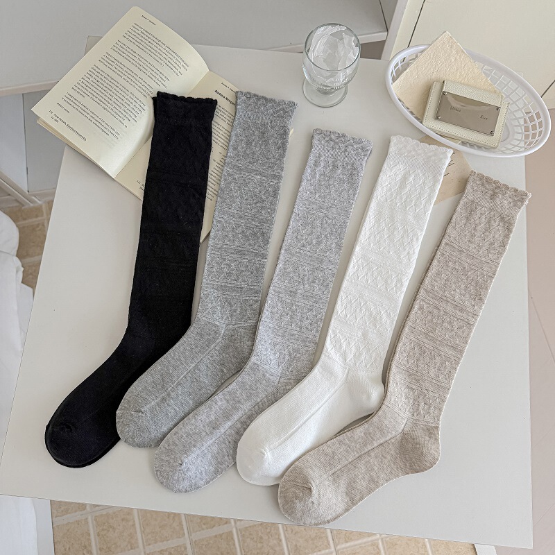 Miu-Style Long Lace Calf Socks for Spring and Summer, Embossed Hollow-Out Knit Retro Gray Slouchy Knee-High Socks Miu-Style Long Lace Calf Socks for Spring and Summer, Embossed Hollow-Out Knit Retro Gray Slouchy Knee-High Socks