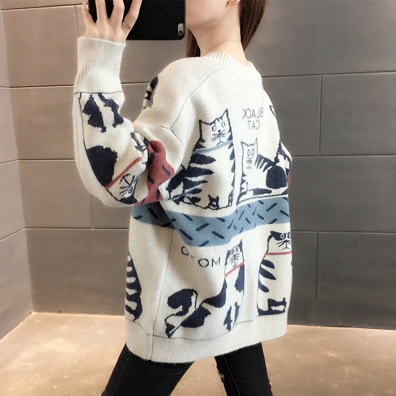 2023 Otoño e Invierno Nuevo suéter exterior de estilo perezoso suelto de las mujeres de estilo coreano con cuello en V gato de dibujos animados de punto Chaqueta de punto