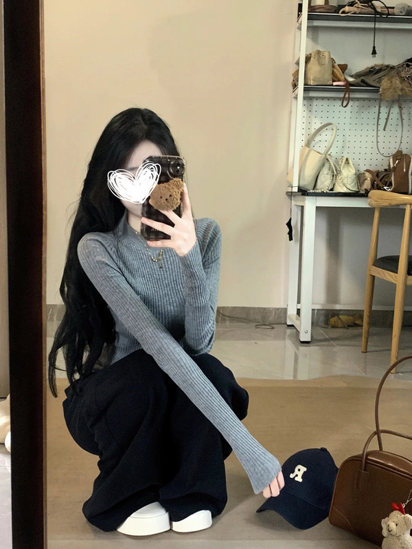 灰色针织打底衫女秋冬内搭毛衣设计感长袖上衣|undefined
