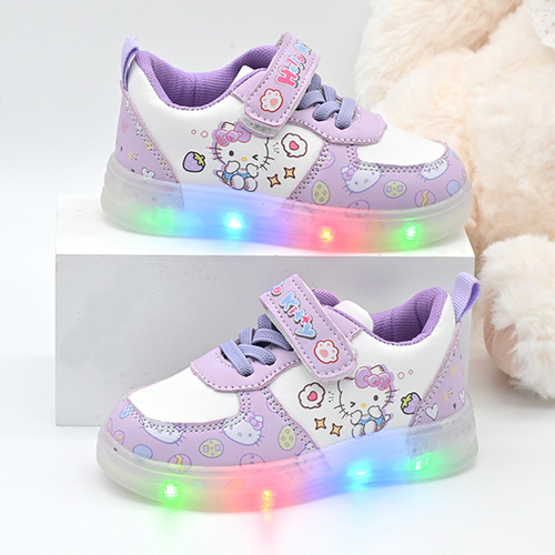 LED Lighted Cartoon KT Cat Slip-On Shoes for Girls and Toddlers Aged 1-3, Soft Sole Learning to Walk Shoes for Spring and Autumn