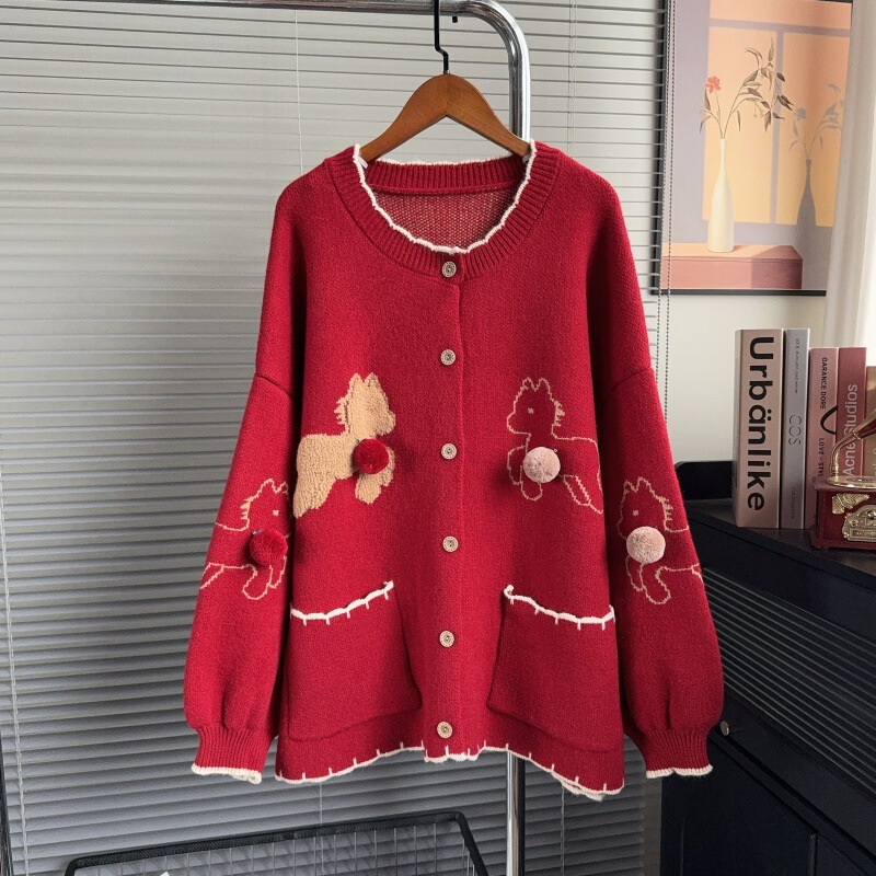 Christmas and New Year Jacquard Sweater Coat for Women, New Autumn and Winter Style, Loose Fit, Plus Size, Lazy Style Knitted Cardigan Top
