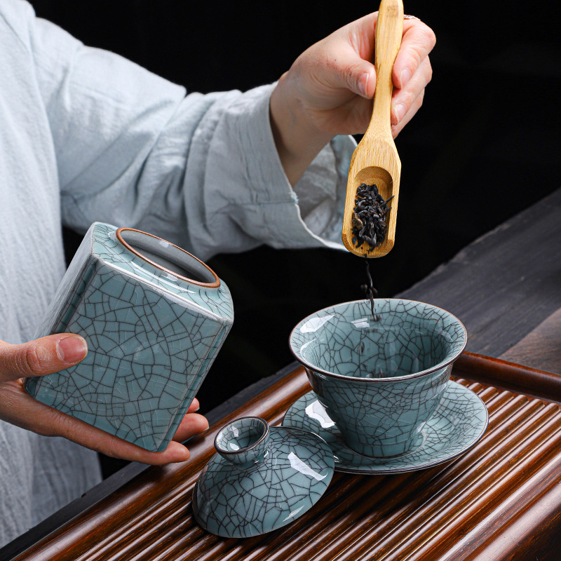 Celadon handed down Ge Kiln earthworm walking mud pattern tea set set ceramic kung fu teapot complete gift set wholesale