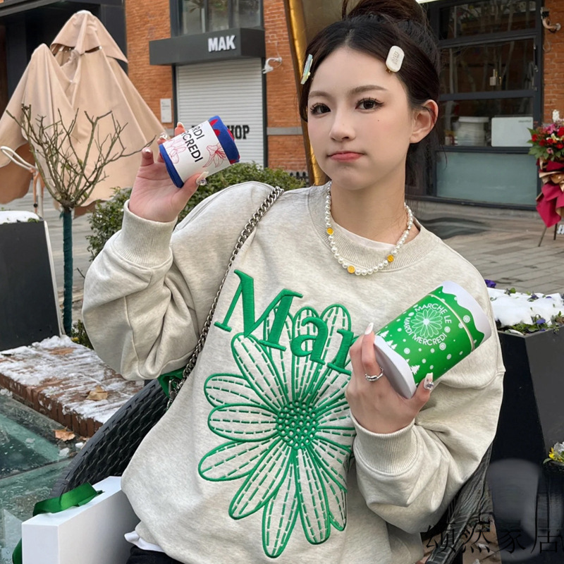 韩国潮牌Mardi卫衣女小雏菊刺绣卫衣圆领上衣金高银同款三标代发|undefined