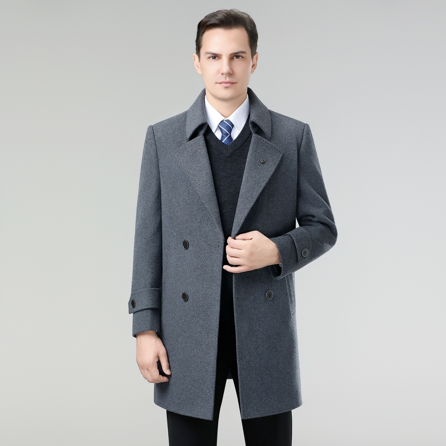 High-end goose down lining, wool double-faced wool coat, men's mid-length coat, suit collar, wool trench coat, double-breasted.