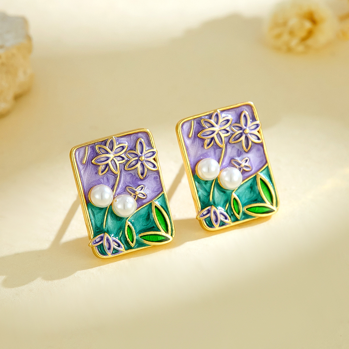 Monet Garden nuevo estilo pintura al óleo pintura pintada goteo de aceite pendientes de flores con incrustaciones de perlas pendientes de cobre de moda de alta calidad