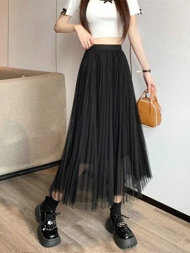 Sheer Mesh Half-Skirt, Summer 2025, Small Figure, Thin Pleated, Ethereal and Slimming, Medium Length