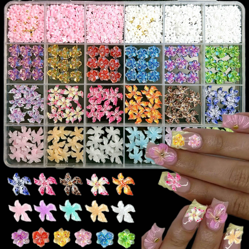 24-Compartment Box of Irregular Ice Flower Pink and White Small Flower Nail Art Decorations, Jelly Color Simple Nail Art Accessory Set DIY