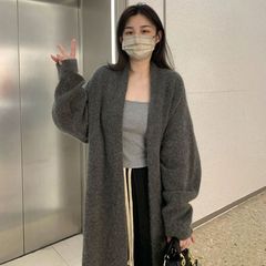 秋冬季灰色中长款过膝毛衣外套女2025新款慵懒风加厚针织开衫大衣