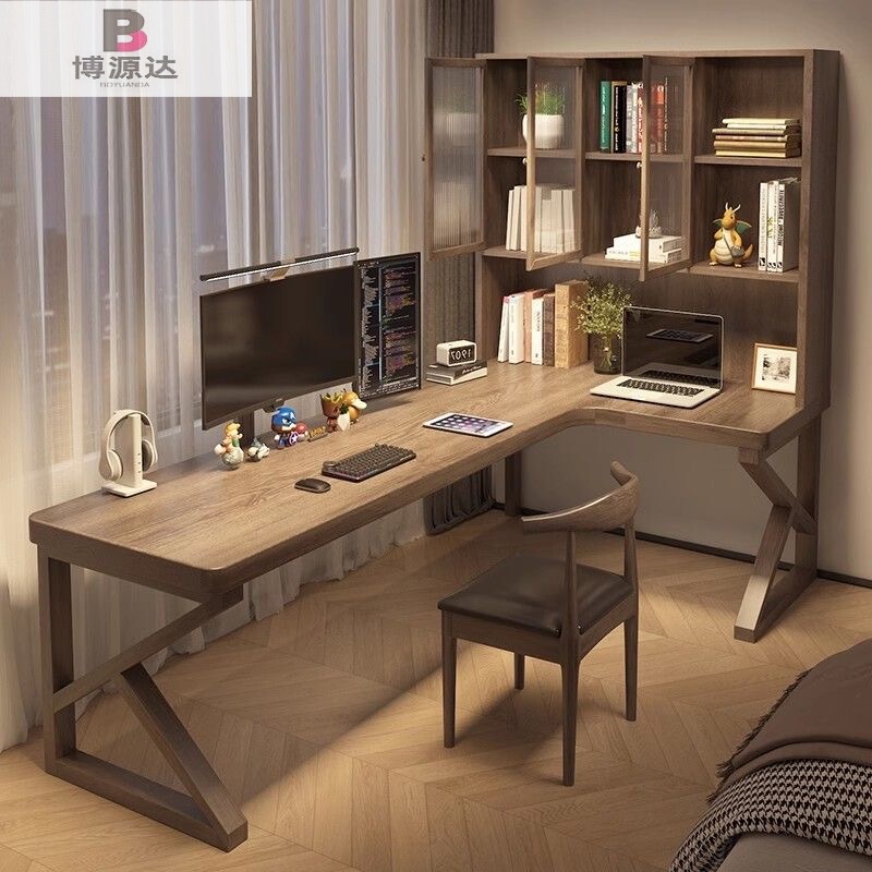 Solid Wood Corner Desk with Bookshelf Home Study Table Bedroom Adult Computer Desk Chair Simple Modern Writing Desk