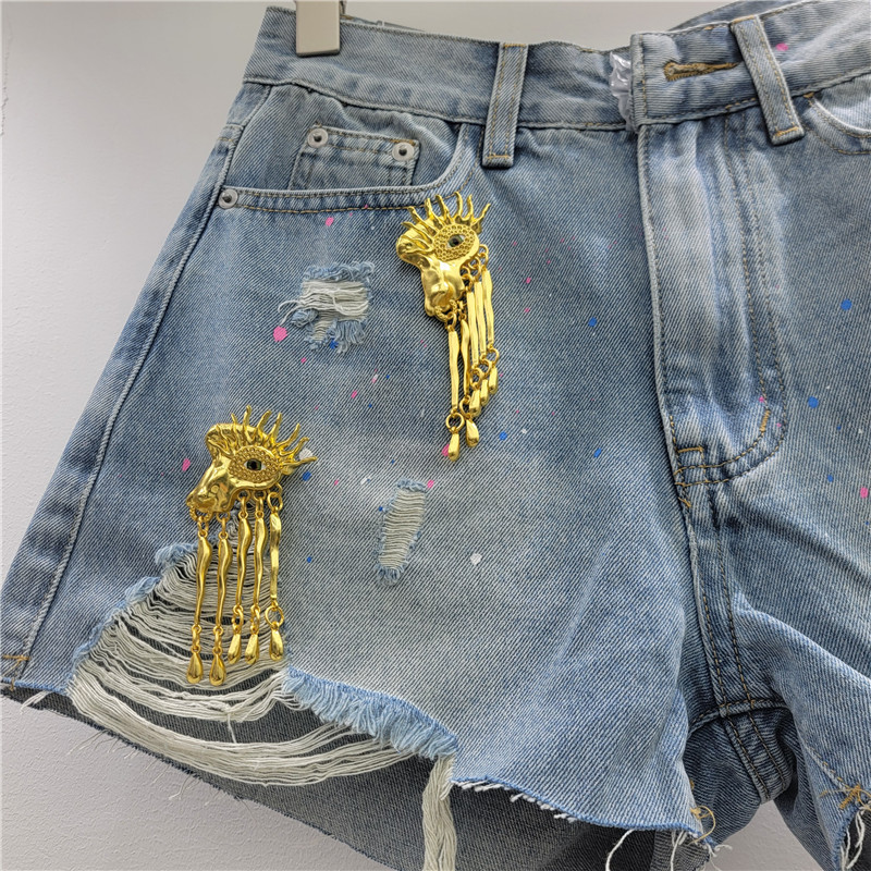 Shorts de Mezclilla Desgastados de Poliéster con Flecos Metálicos para Verano