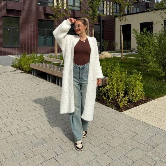 Cross-Border Imitation Mink Velvet White Knitwear Cardigan Outwear Women's Autumn and Winter Loose Plush Fluffy Long Cardigan