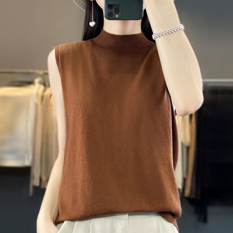 Wholesale Versatile Slim-Fit Fine-Spun Wool T-Shirt Vest with Half-High Collar for Women, Thin Knit Base Layer Sleeveless Top for Layering