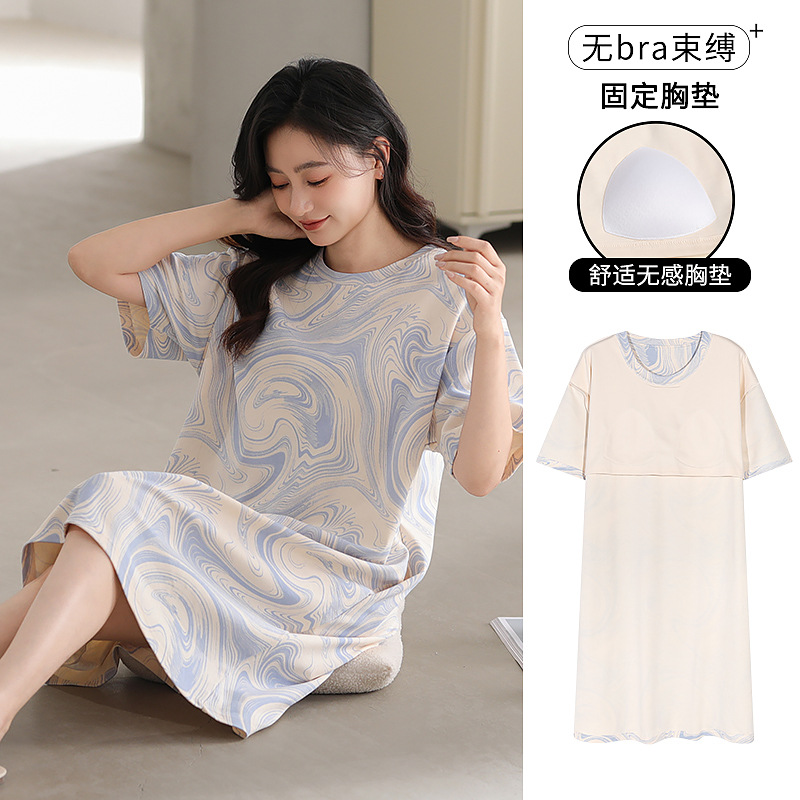 Pijama de mujer con almohadilla de pecho de dibujos animados red viento rojo estudiantes de manga corta, vestido largo medio, pijama integral de verano se puede usar fuera