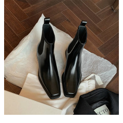 葡萄媽 英倫風氣質方頭騎士靴韓版瘦瘦粗跟厚底真皮短靴~女鞋