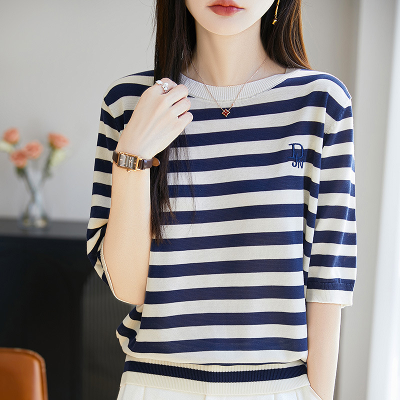 Thin Imitation Thin Stripesd Short-Sleeved Knitted T-Shirt for Women Summer Contrast Stripesd Tencel Loose Half-Sleeved Bottoming Top