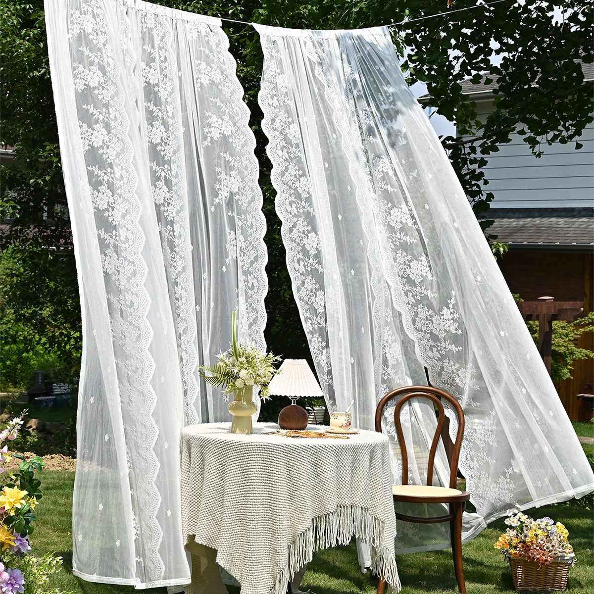 Amazon 2PC/Set Encaje por urdimbre Encaje vertical de doble fila Encaje Cortina de cortina semi-opacable al aire libre pastoral