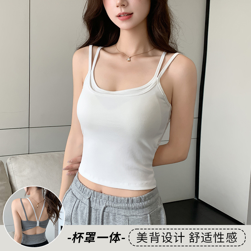 H166 偽ツーピース女性用サマースリムフィットキャミソール、胸パッド付き、ホットガールが外で着用できるトップス|undefined