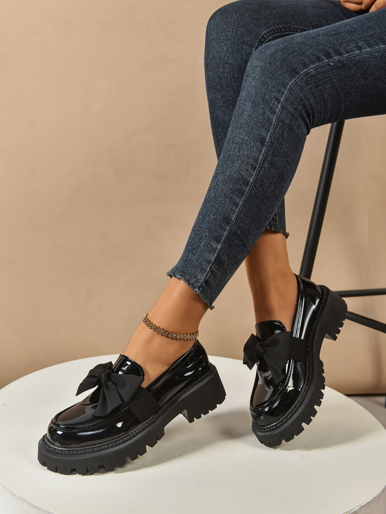 Women's Plus Size Bow Tie Platform Loafers For Autumn Leather_voghion.com
