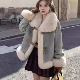 美式复古胖mm羊羔毛牛仔外套女冬200斤高级感加厚短款服上衣
