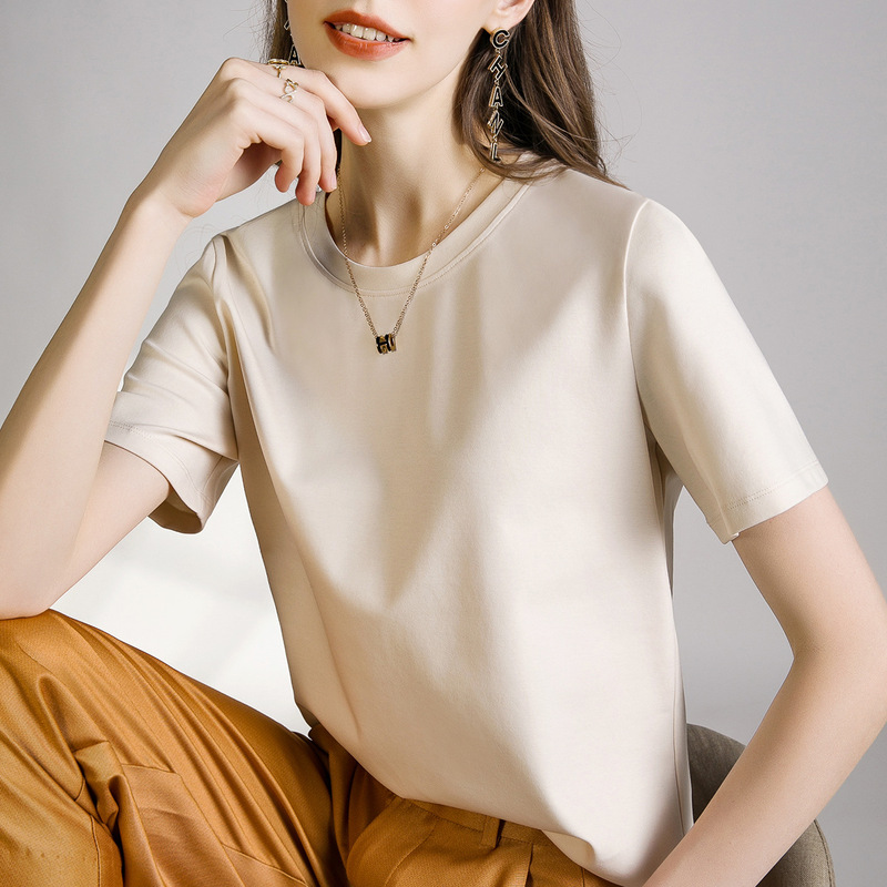 Highly Rated B-Level 80S Liquid Ammonia White Short-Sleeve Regular Shoulder T-Shirt for Women, Summer 26 Mercerized Cotton V-Neck Base Shirt