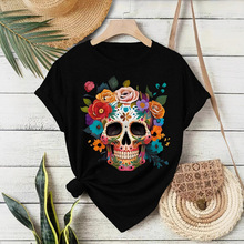 欧美跨境时尚T恤短袖女骷髅头夏季新款短袖t恤女现货外贸热销