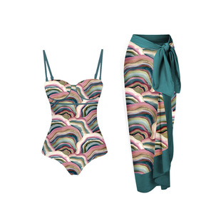 European and American Amazon Fashion Pop Pattern One-Piece Swimsuit with Wrap Skirt Beach One-Piece Lace-Up Half-Length Skirt