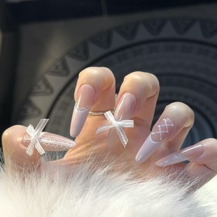 Pink French Lace Wear Armor Heart Melody Long Water Drop Almond Lace Nail Art Girl Bow