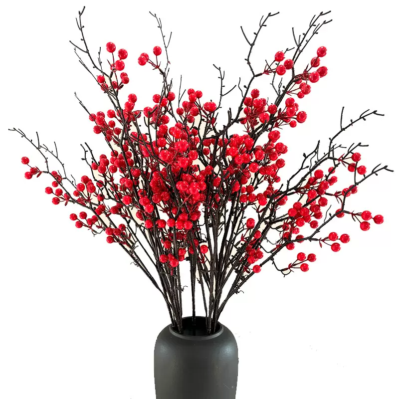 冬青果发财果红色红果假花仿真花摆设客厅新年装饰花婚房花艺摆件