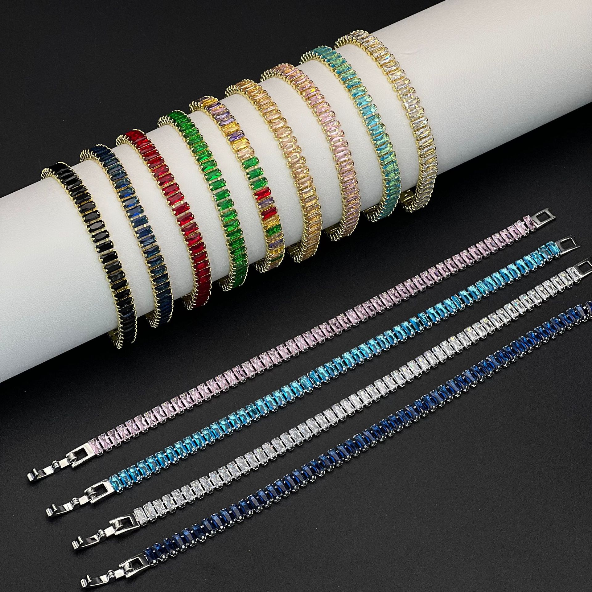 Hot-Selling Zicon 2.5*5mm Single Row Rectangula Full Diamond Tennis Multi-Colo Bacelet Coss-Bode_voghion.com