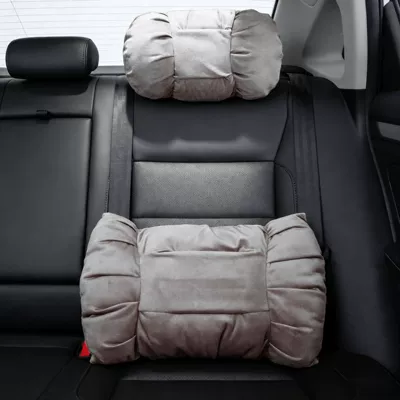 Comfortable and Soft Car Seat – Headrest - elegant-gray-bubble-suede-headrest-lumbar-support-set