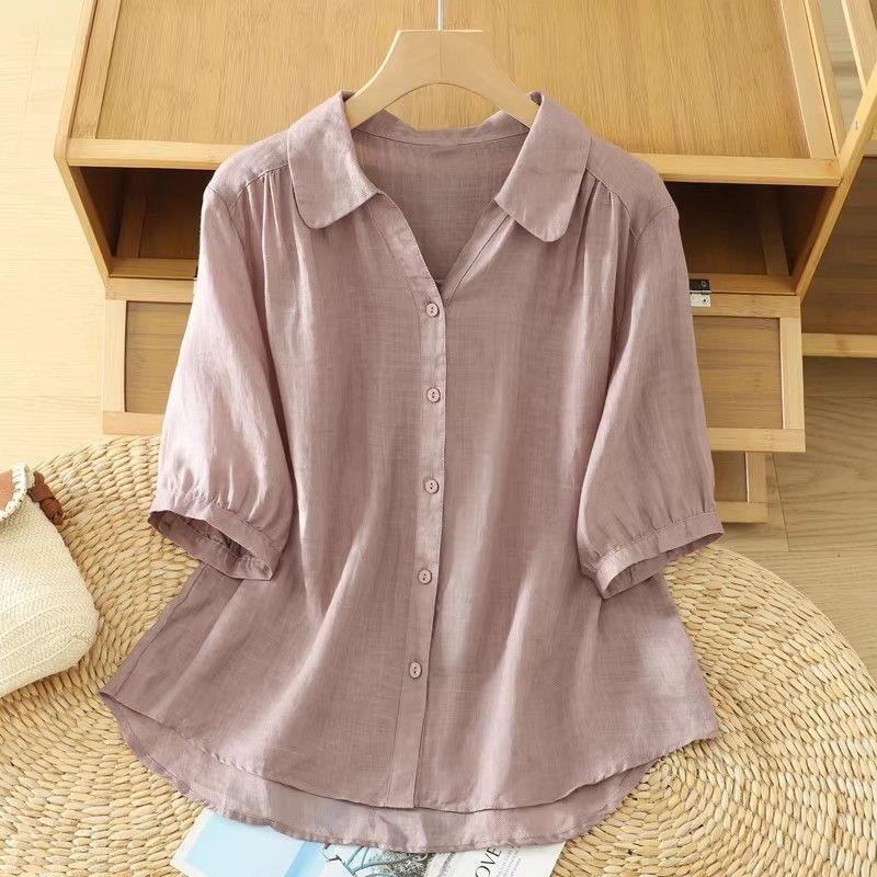 Fashionable Stylish Lapel Cotton-Linen Short-Sleeve Shirt for Women, Summer Loose Fit to Cover the Belly, Linen-Cotton Half-Sleeve Top for Moms
