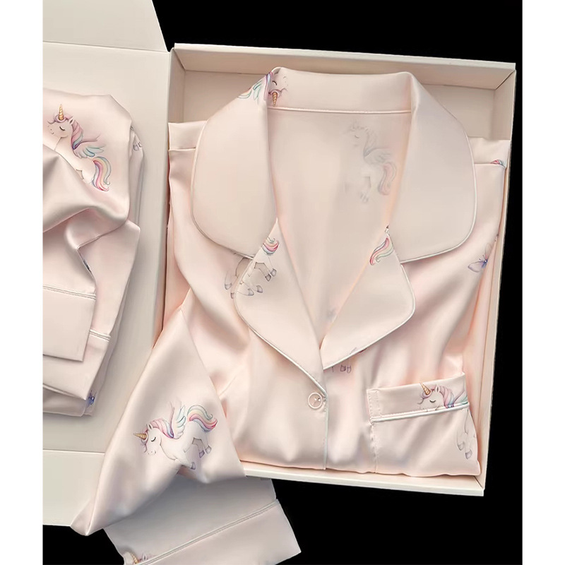 2026 Spring and Autumn New Women's Ice Silk Long Sleeve and Long Pants Two-Piece Set Rainbow Pegasus Thin Home Wear Set Suitable for Outerwear