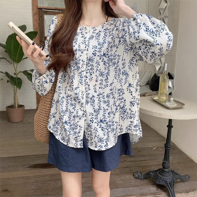 Cross-Border Retro Floral Long-Sleeved Shirt for Women Autumn New Design Lantern Sleeve Casual Loose Top Jacket Trendy
