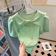 高級ヨーロッパ駅グリーン半袖tシャツ女性夏韓国版新型デザイン感小衆心機泡袖上着