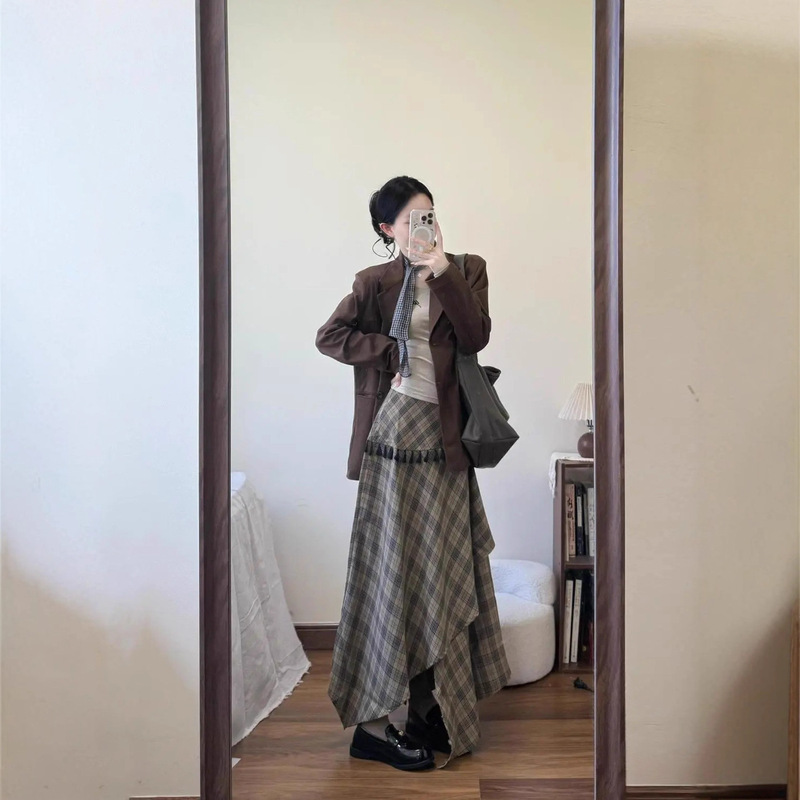 Autumn and Winter Three-Piece Suede Suit Jacket for Women Petite Top + Tassel Plaid Skirt + Versatile Long-Sleeved T-Shirt