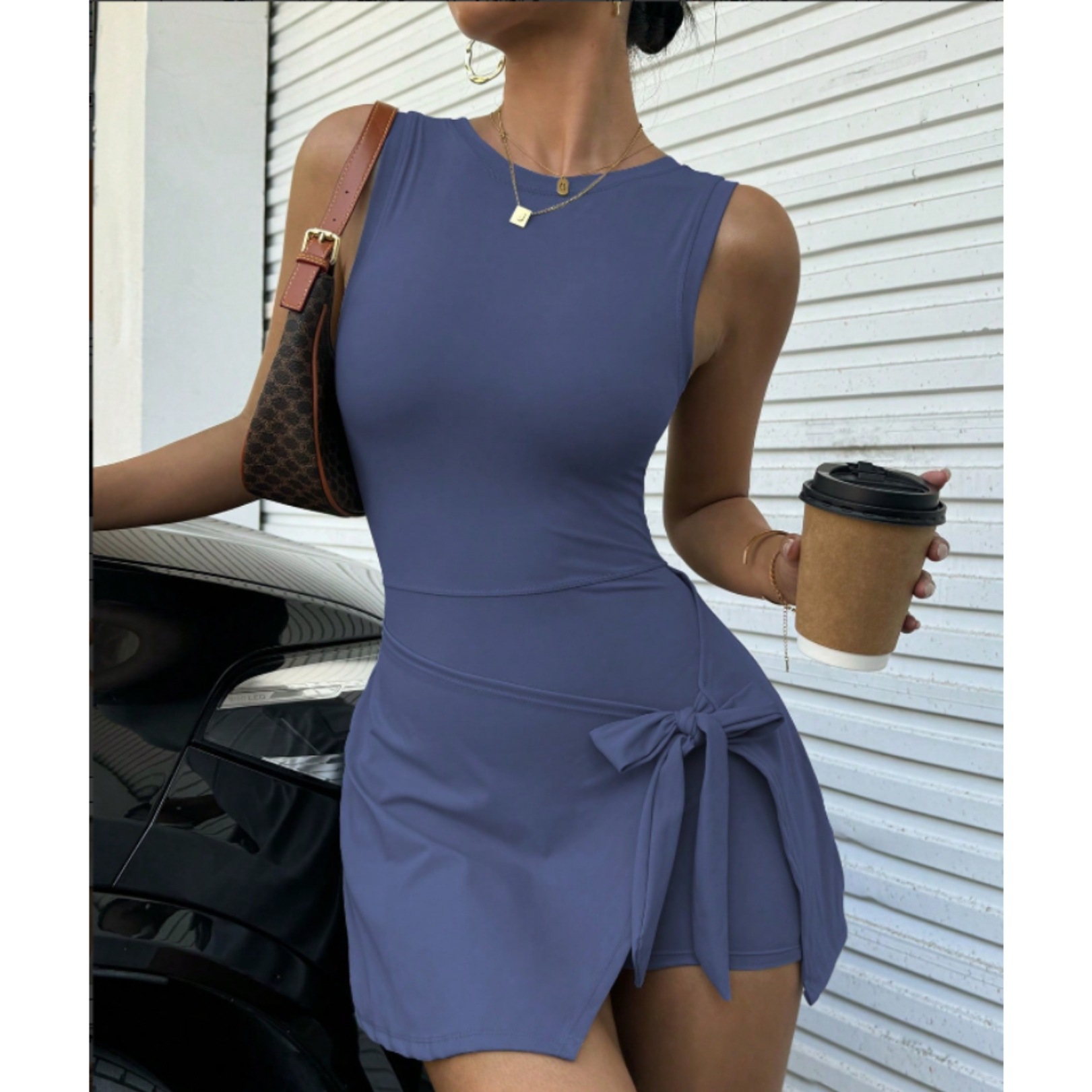 Fake Two-Piece Anti-Exposure Slim-Fit Sports Dress with Straps, Casual Fitness Backless Yoga Tennis Dress 2303