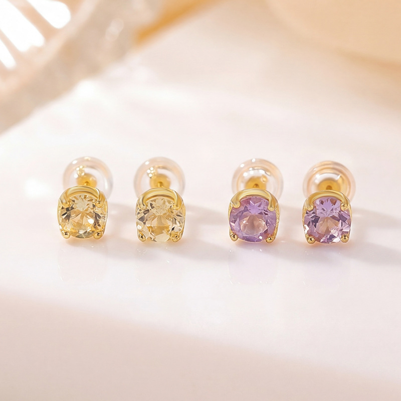 Bông tai bạc S925 mạ vàng đính đá tím và đá vàng cắt giác, kiểu dáng đơn giản cá tính — Vàng pha lê