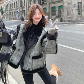 晕染爆款皮毛一体羊羔毛外套女冬季又酷又飒毛绒绒冰服机车服韩系