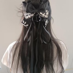 轻奢高级感夜宴蝴蝶结闪钻飘带马尾抓夹长飘带甜美时尚发饰