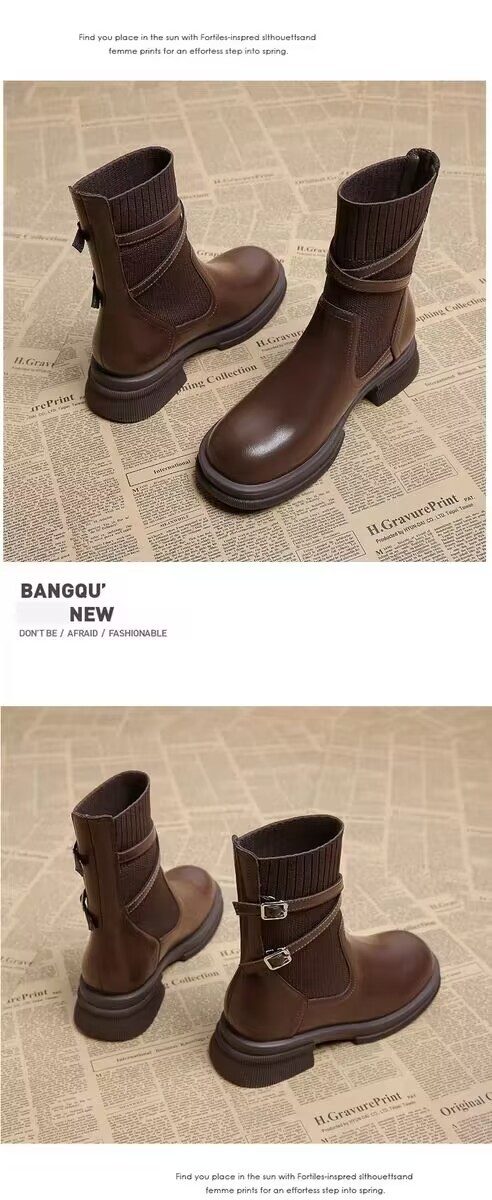 Retro Women's Ankle Boots With Thick Sole And Heel Brown_voghion.com