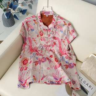 Summer New Chinese Style Loose Printed Short-Sleeved Tops Middle-Aged Mothers' Silk Satin Retro Short-Sleeved Tops Wholesale