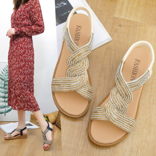 Roman sandals women's 2022 summer new Korean fairy style student flat rhinestone beach sandals wholesale spot