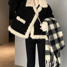 2025秋冬新款小香风小个子毛绒上衣羊羔毛外套女短款黑色皮草