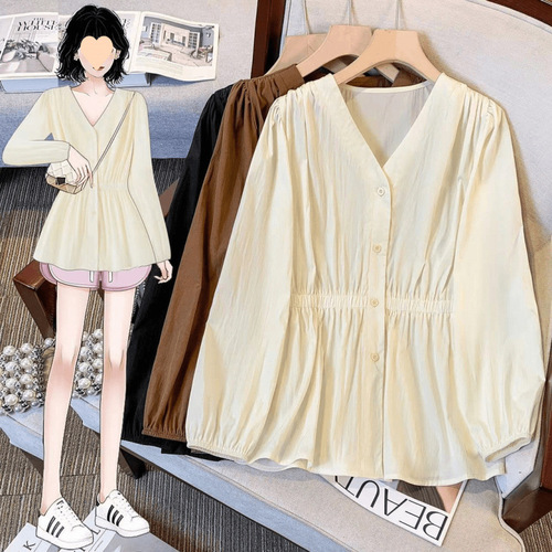 Design for Plus Size Women - Autumn Youthful, 2025 Slimming, Waist-Tightening Early Autumn Shirt Top, Loose Long Sleeve