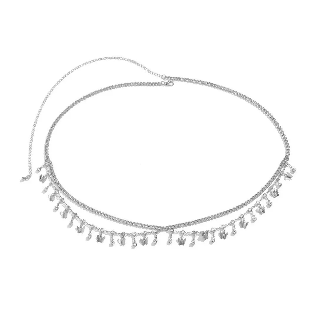 Personalidad chica caliente cadena de cintura cadena de diamantes de imitación de mariposa de hemia europea y americana bikini de playa de borlas multicapa accesorios de cintura hechos a mano